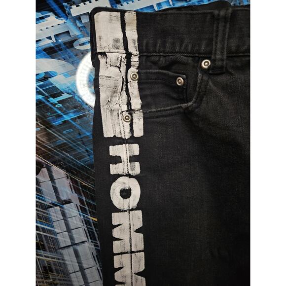 Homme + Femme Skinny Distressed Jeans Mens Black/White Logo Stripes - Sz 28 - Picture 7 of 8